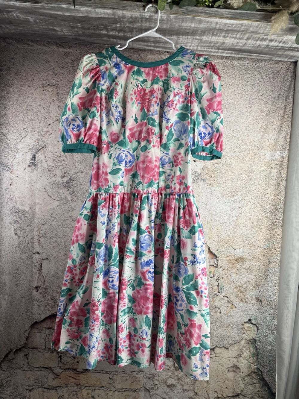 80s Vintage Handmade Floral Dress Size 10 Pink Floral Puff Sleeve Dress A574